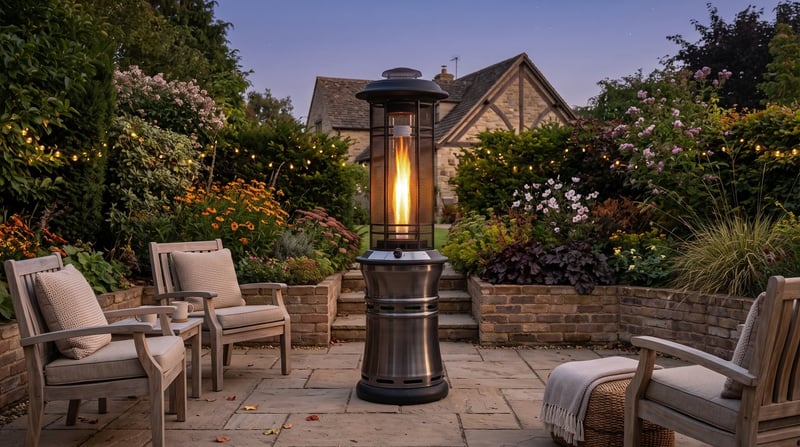 Lifestyle Santorini retractable patio heater beside relaxed outdoor seating in a British garden at dusk