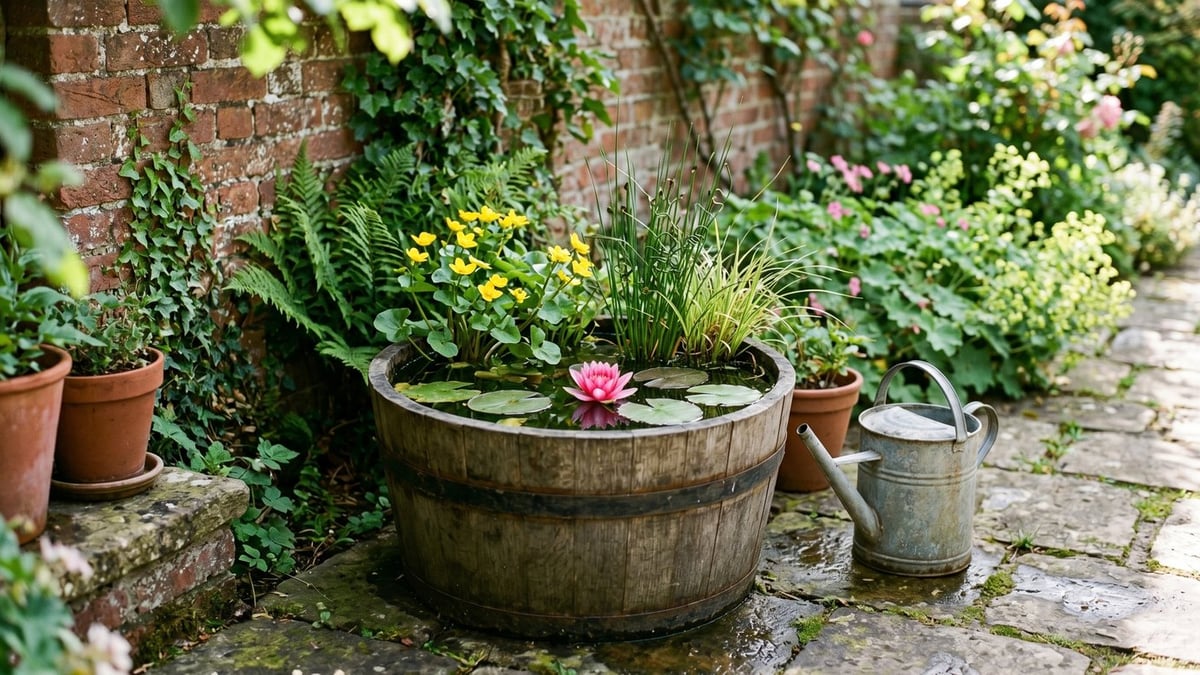 Wooden half-barrel patio pond with a pink waterlily and marginal plants on a UK stone-flagged patio