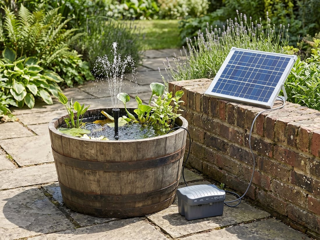 Solar water pump with panel on a brick wall powering a gentle fountain in a half-barrel container pond