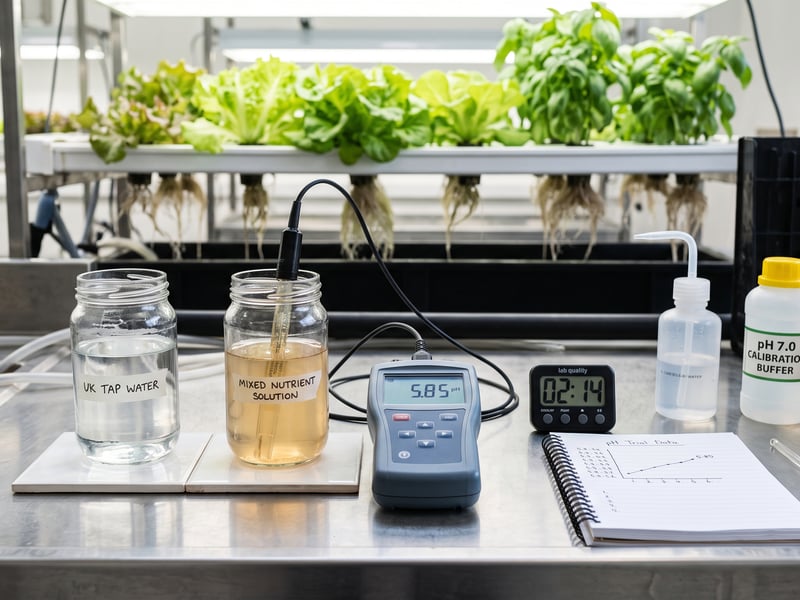 Two sample jars, calibration buffers, pH meter and timed log used for a 24-hour drift test