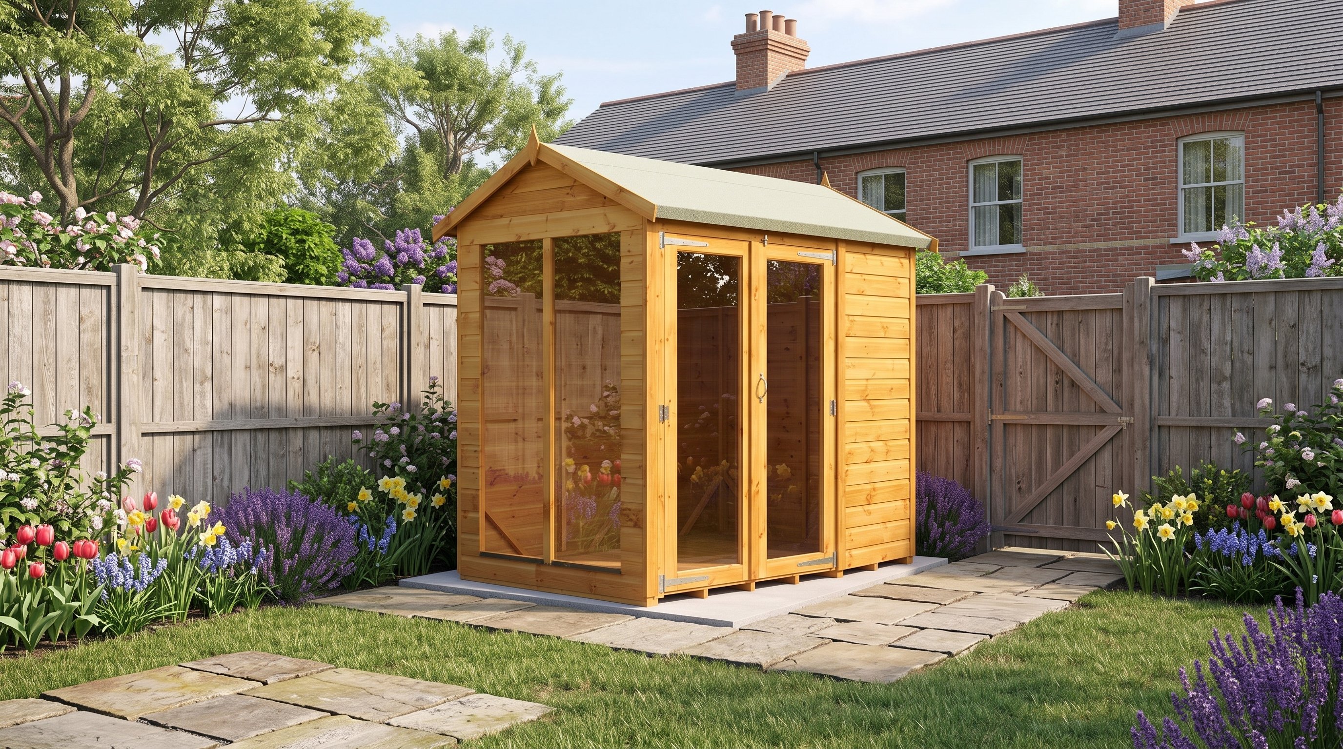 Power 6x4 Apex Summerhouse positioned in a compact town garden