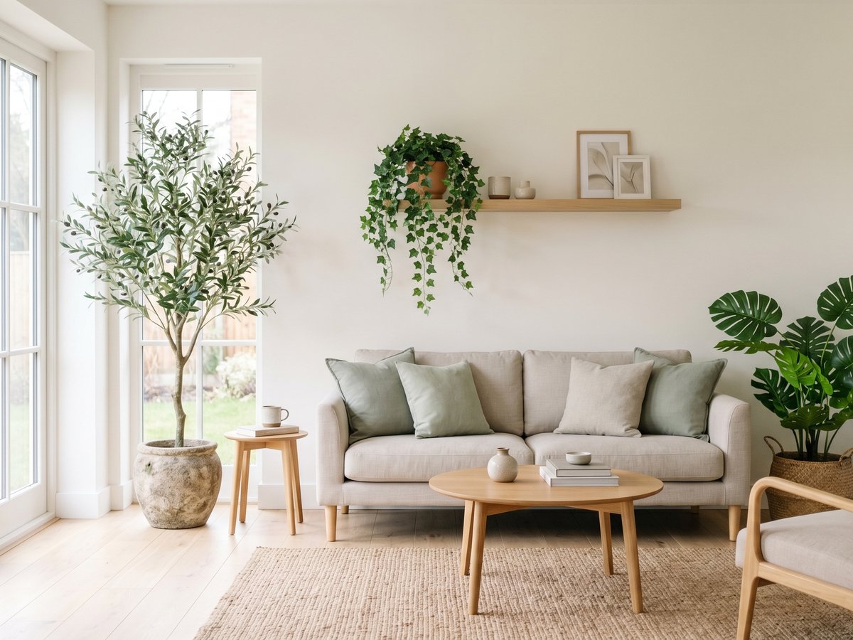 A bright, airy living room styled with realistic artificial plants