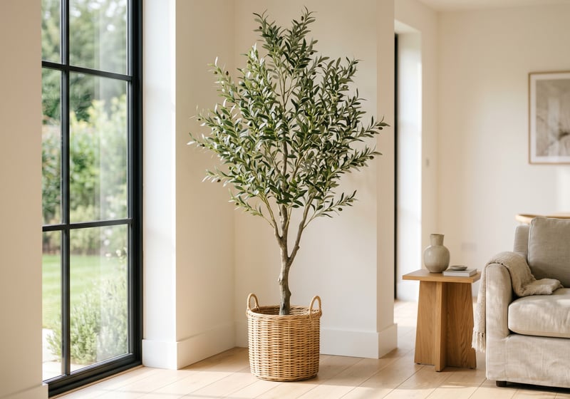 A tall artificial olive tree in a woven basket in a bright corner