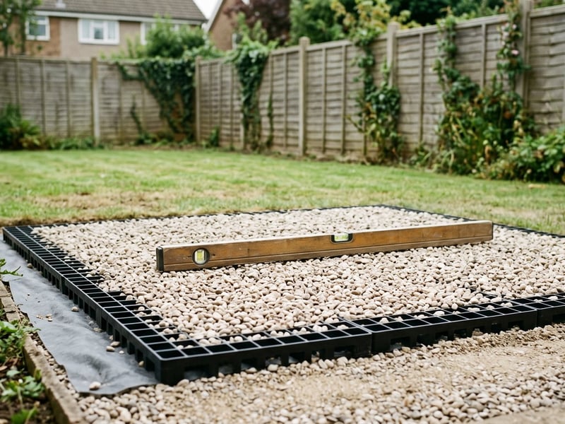 Level plastic grid shed base filled with pea gravel on a UK garden lawn ready for a shed