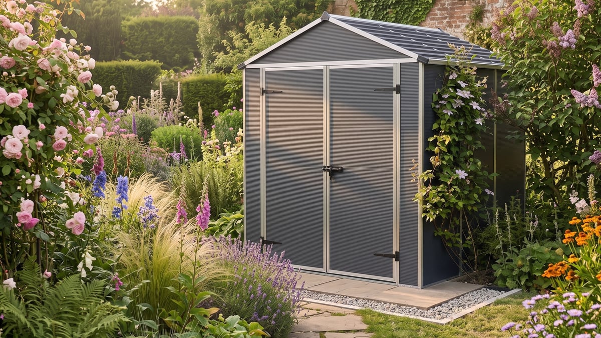 Palram Rubicon 6x8 plastic shed on a level paved foundation
