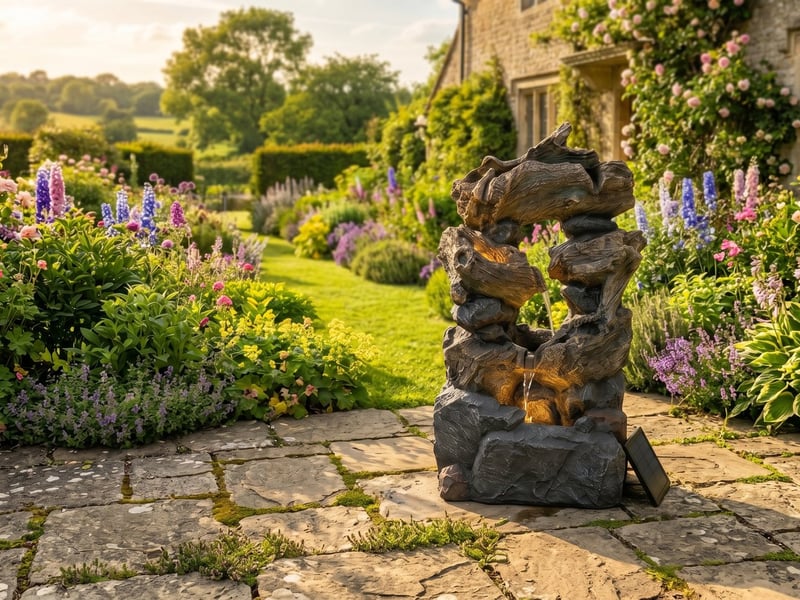 Forest Springs solar water feature, a tall driftwood-effect cascade on a flagstone patio in a country family garden