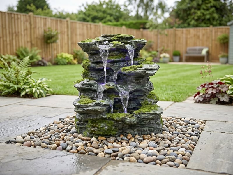 Pondless mossy rock cascade water feature on a patio with water trickling away through pebbles, no open pool