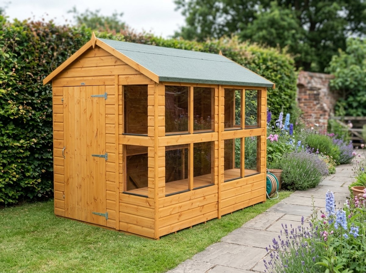 6ft wide Power apex potting shed with green felt roof and two-tier glazing on a paved base in an English garden
