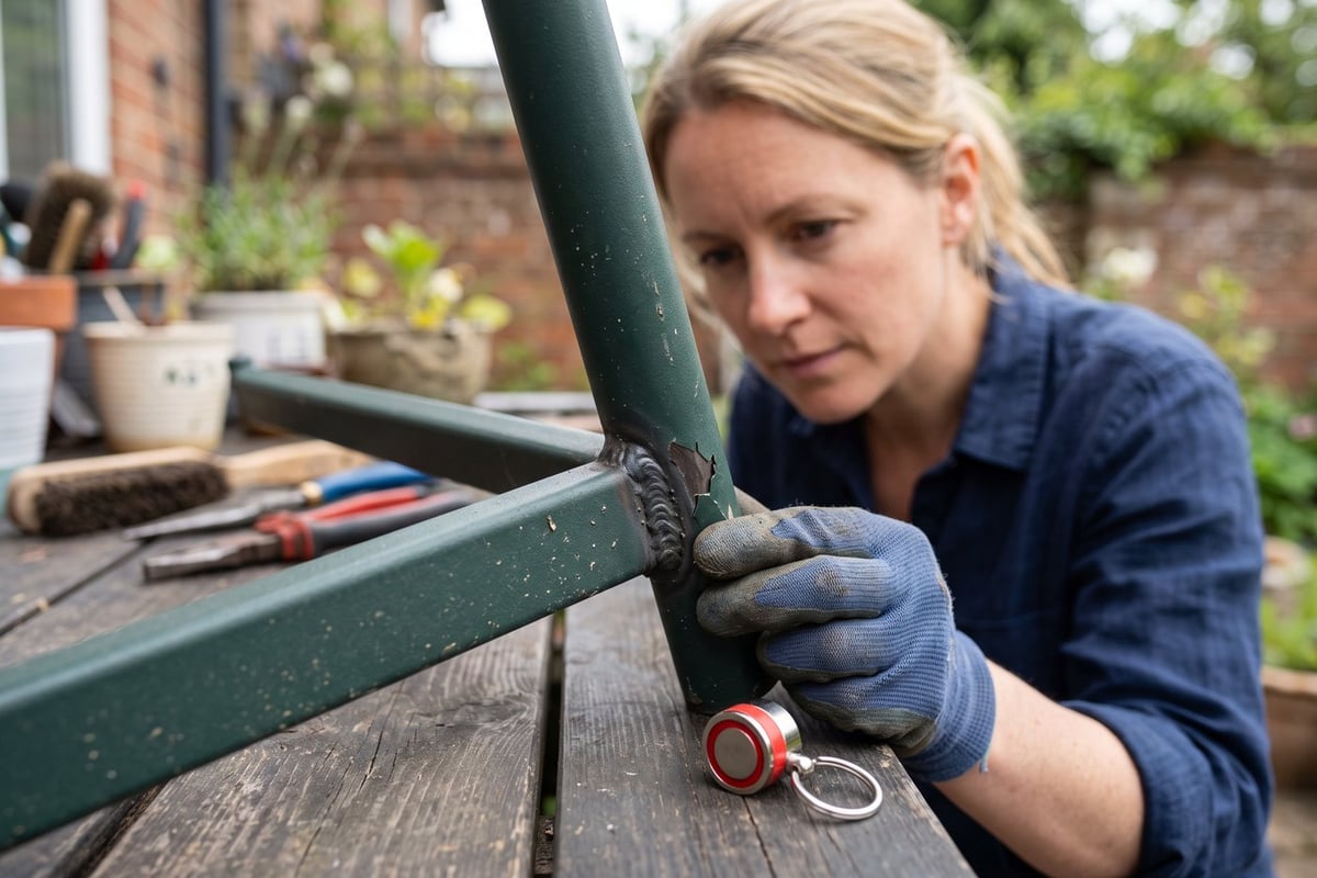 Inspecting a chip beside a weld on powder-coated steel garden furniture