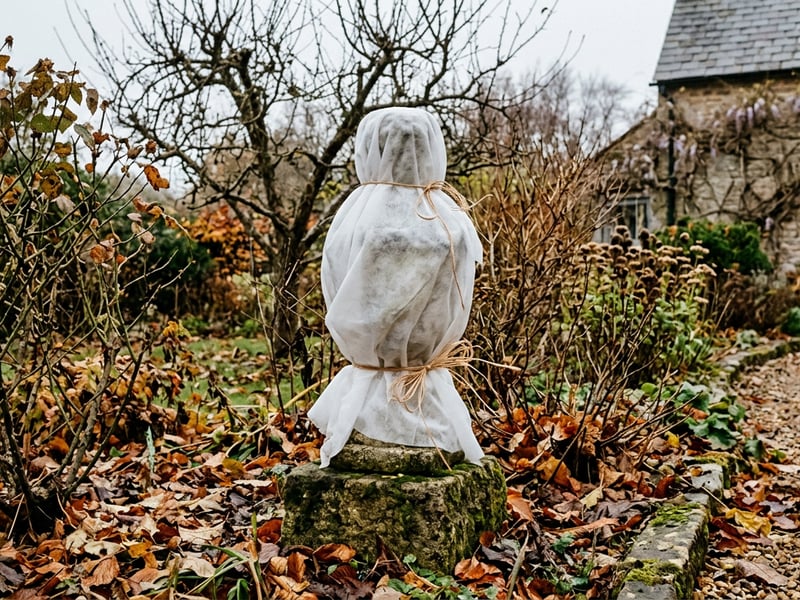 Garden ornament wrapped in horticultural fleece for winter frost protection in a UK garden