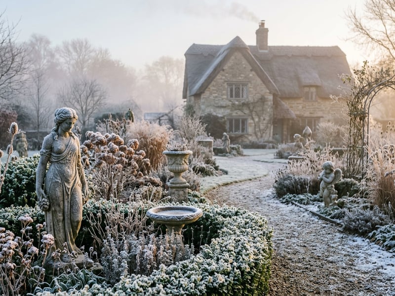 Stone garden ornaments in a frosty English cottage garden at dawn in winter