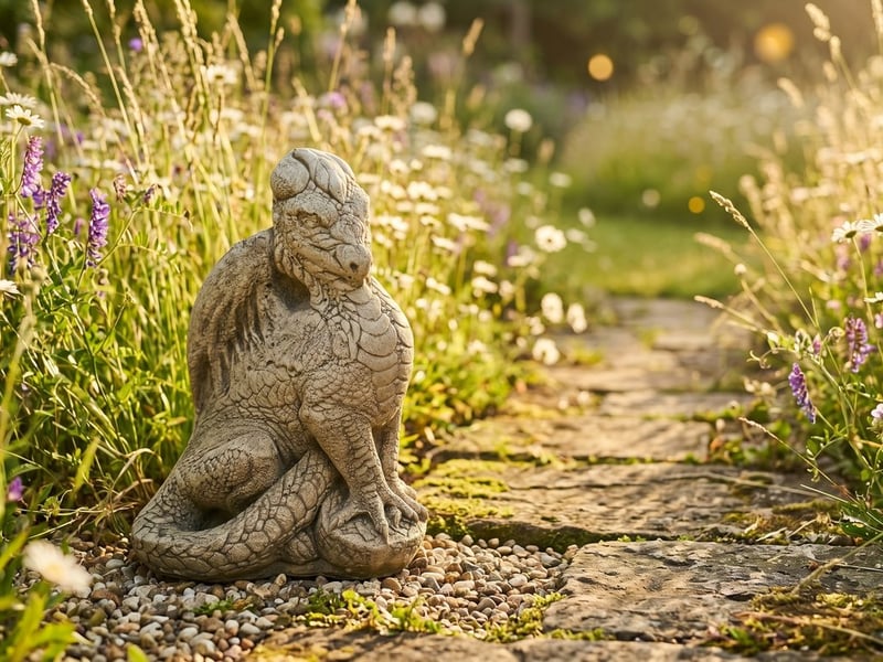Stone proud sitting dragon hatchling garden ornament beside a worn flagstone path through a country wildflower meadow at golden hour