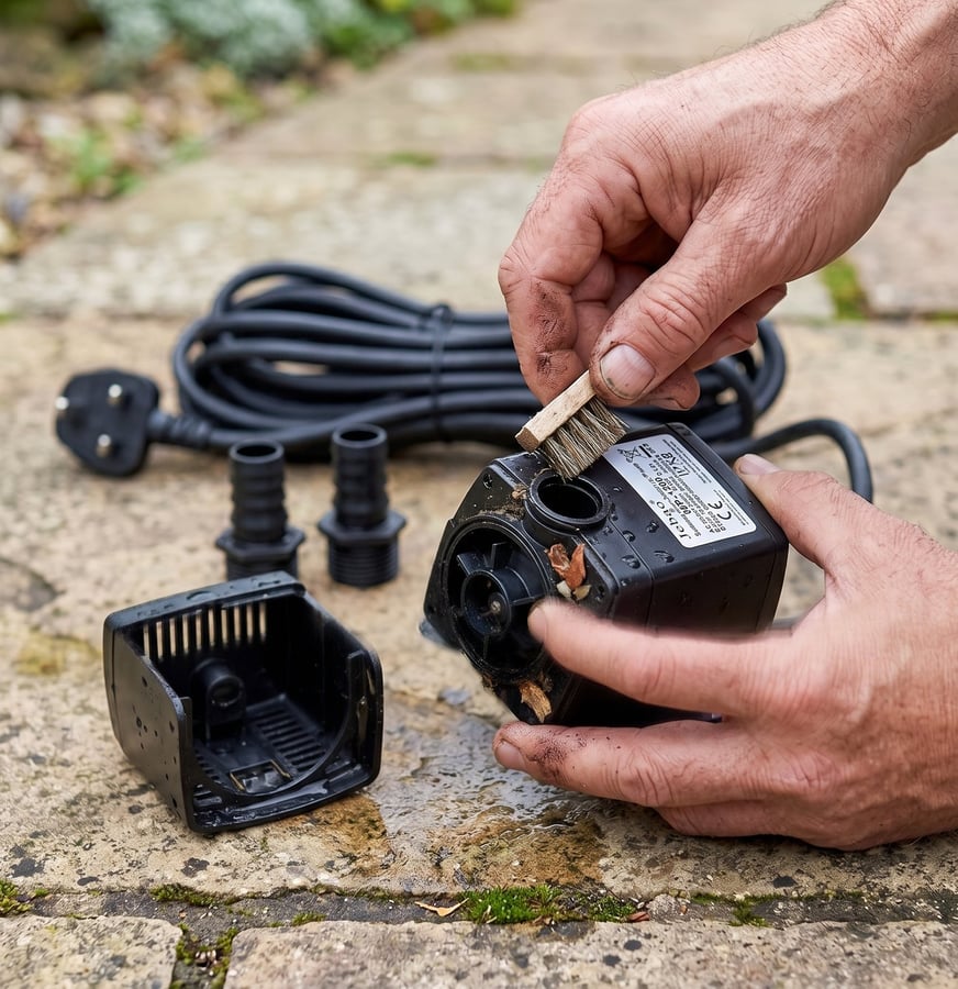 Hands cleaning limescale and debris from a garden water feature pump impeller on a paving slab during a service