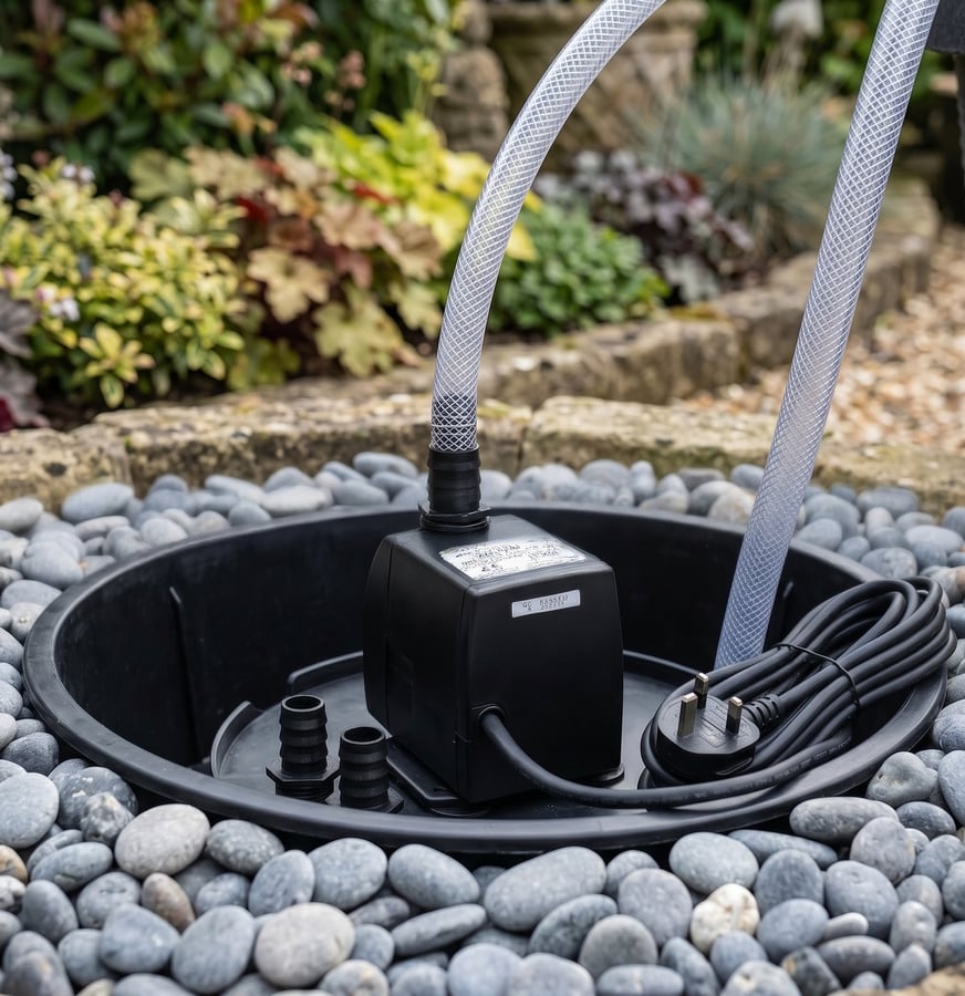 Mains garden water feature pump seated in a black reservoir sump surrounded by cobbles, ready to install