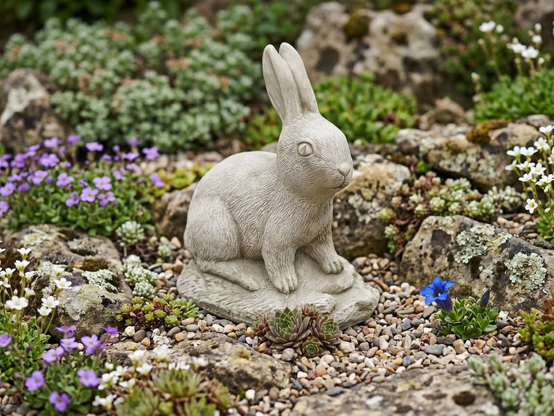 Cast stone cheeky rabbit garden ornament set low in a planted alpine rockery with small flowering plants