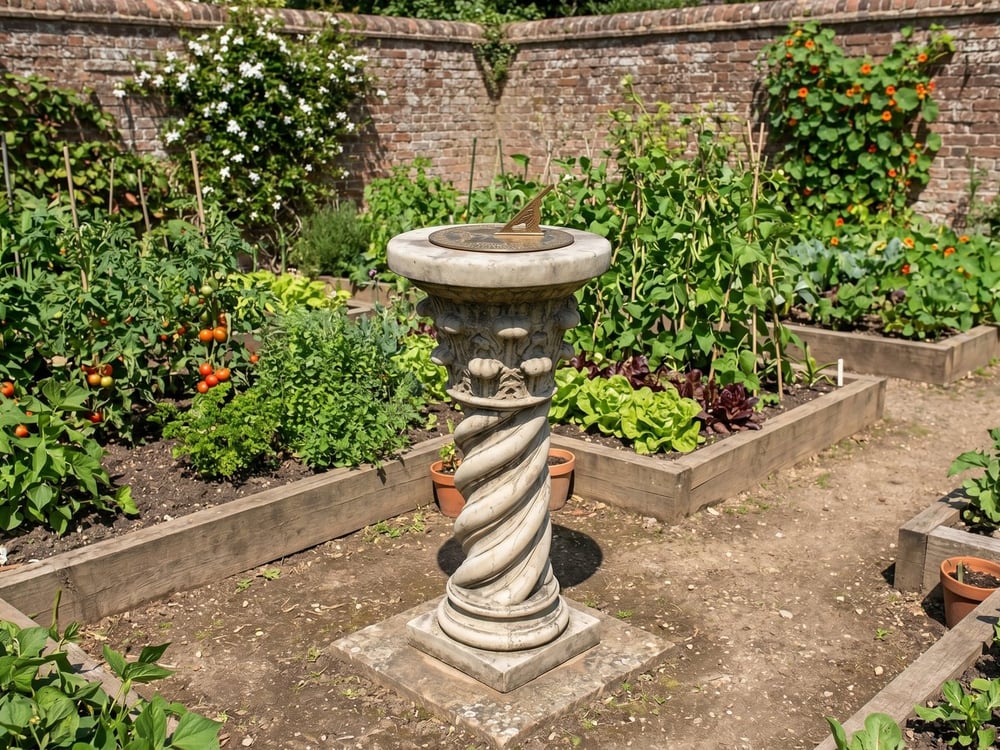 Aged brass sundial on a barley-twist stone column in a walled kitchen garden at midday, the gnomon casting a sharp shadow line across the dial