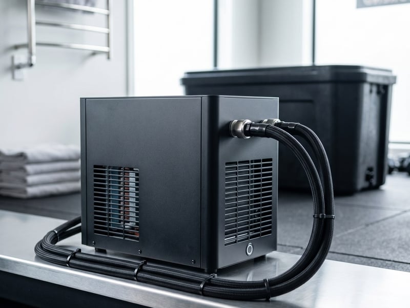 The Recovery Pro chiller installed in a gym recovery room with neat hose runs