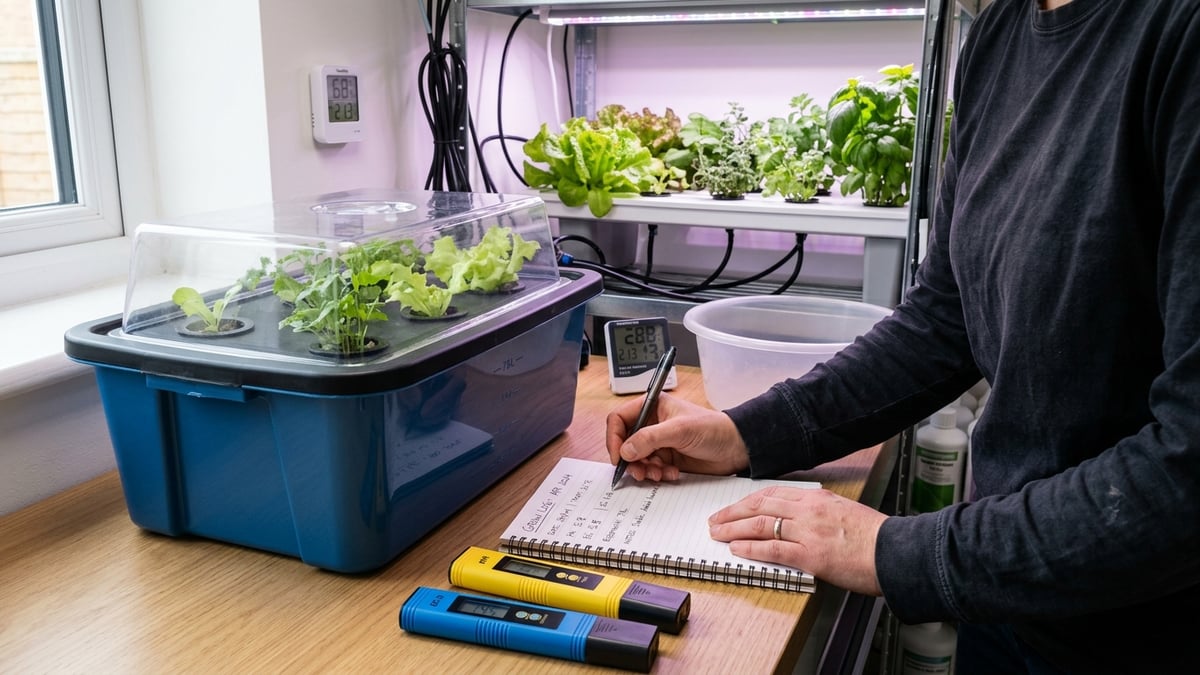 Grower recording water level, pH and EC beside a covered hydroponic reservoir