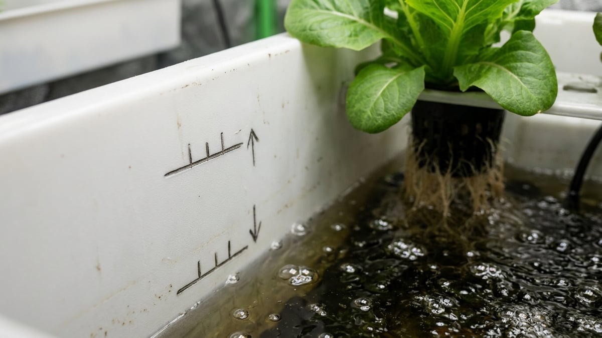 Minimum and maximum water-level marks inside an opaque hydroponic tank