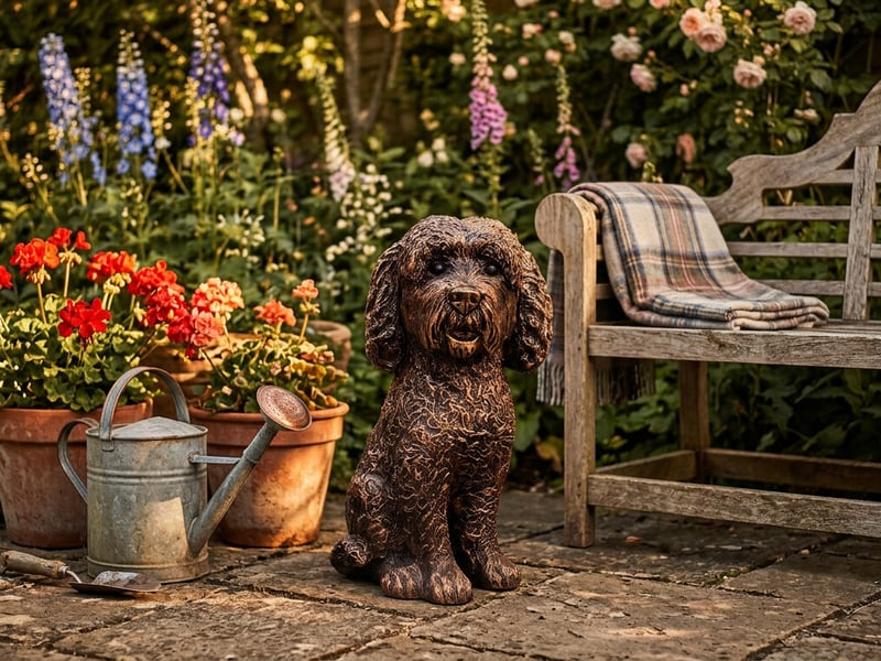 Cockapoo garden ornament in bronze finish displayed on a patio beside potted herbs