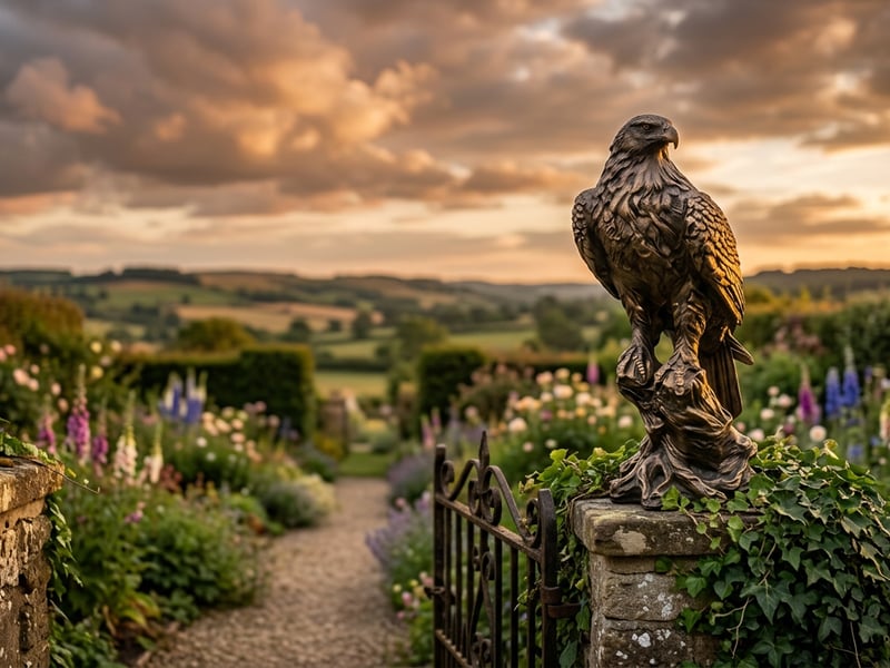 Eagle garden ornament in bronze finish on a stone plinth in a traditional English garden