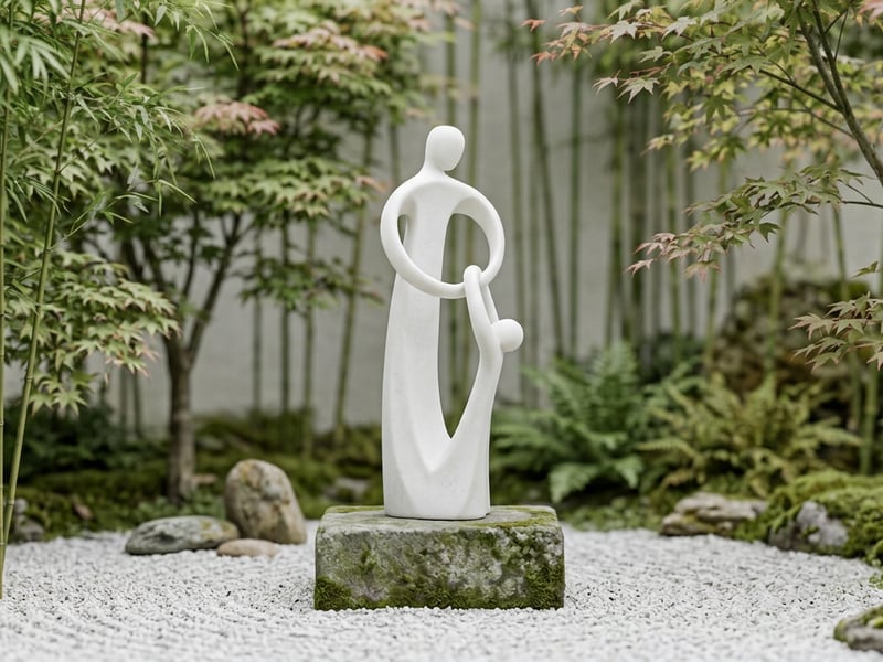 Resin garden ornaments displayed in a sunny English cottage garden with lavender and climbing roses