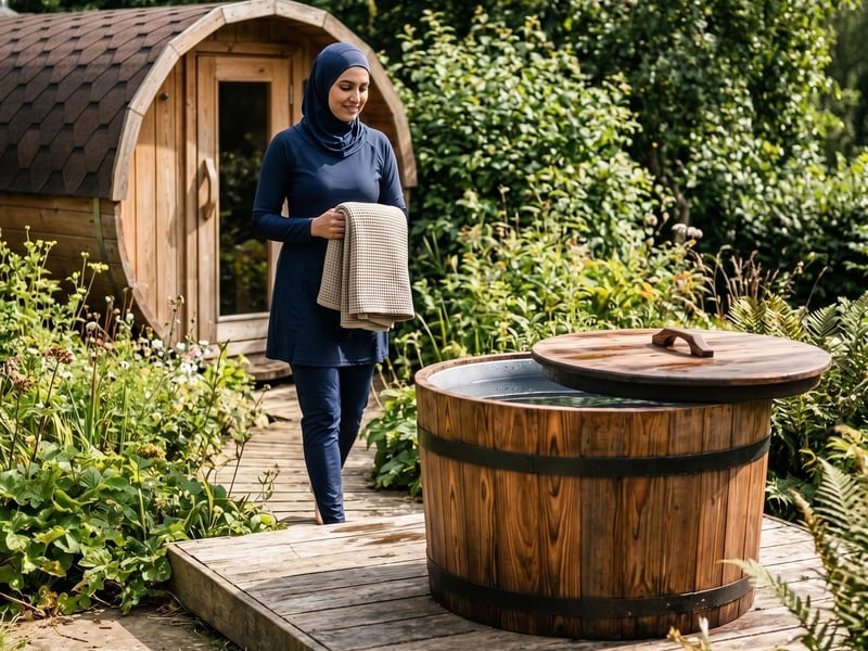A woman walking from a garden sauna towards the Barrel Plunge ice bath with a towel