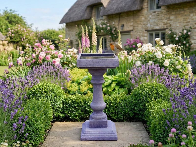 Baluster Stone Birdbath on a pedestal in a cottage garden secured on level paving