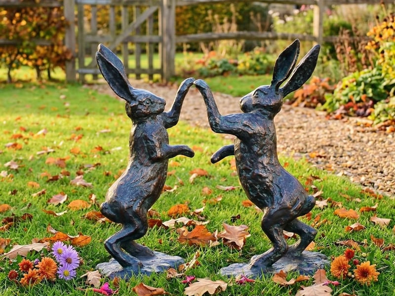 Boxing Hares metal garden ornament on an open lawn exposed to wind