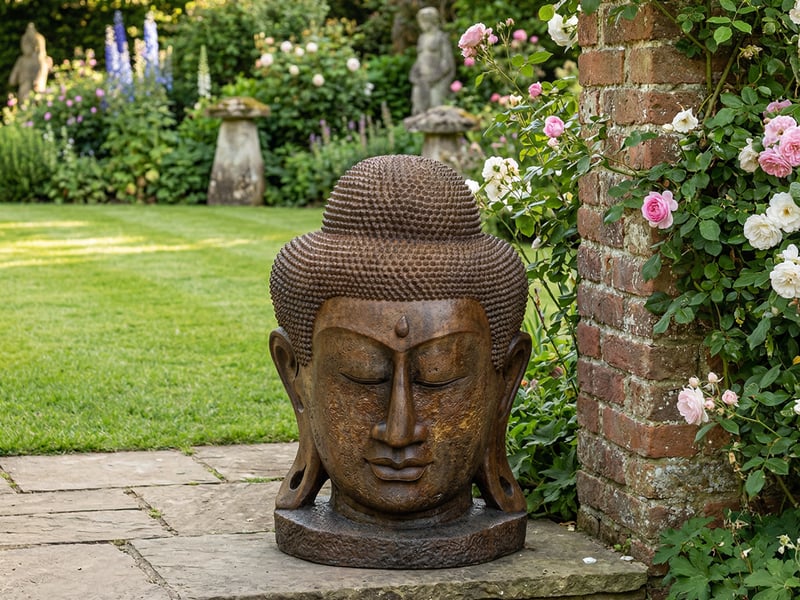 Grand Buddha Head stone statue secured on flagstone paving in an English garden
