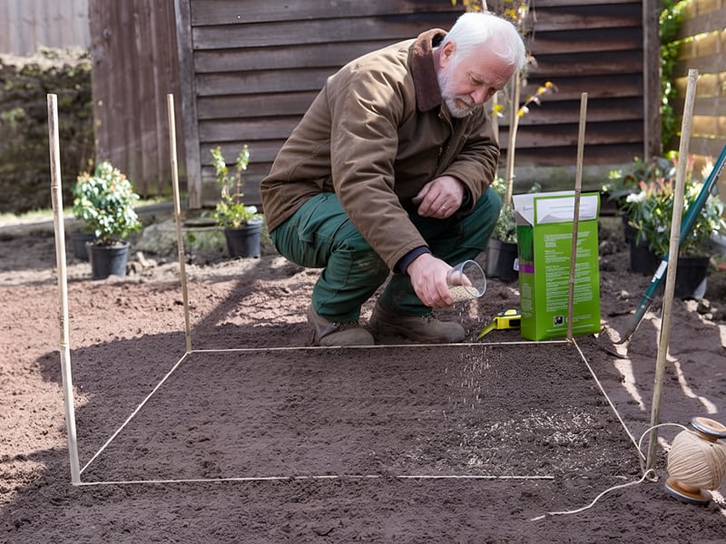 Gardener demonstrating proper seed spreading technique in a UK garden