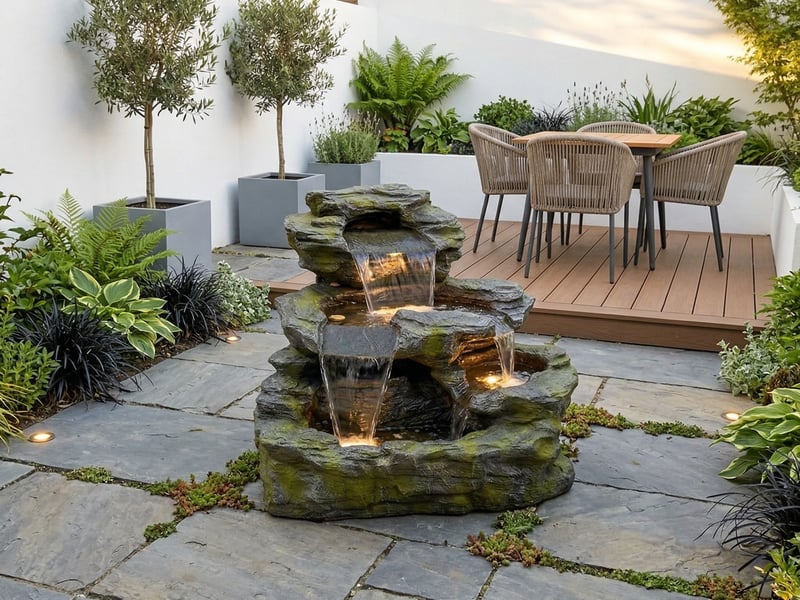 Como Falls Self Contained Water Feature in a contemporary Camden garden with slate paving and olive trees