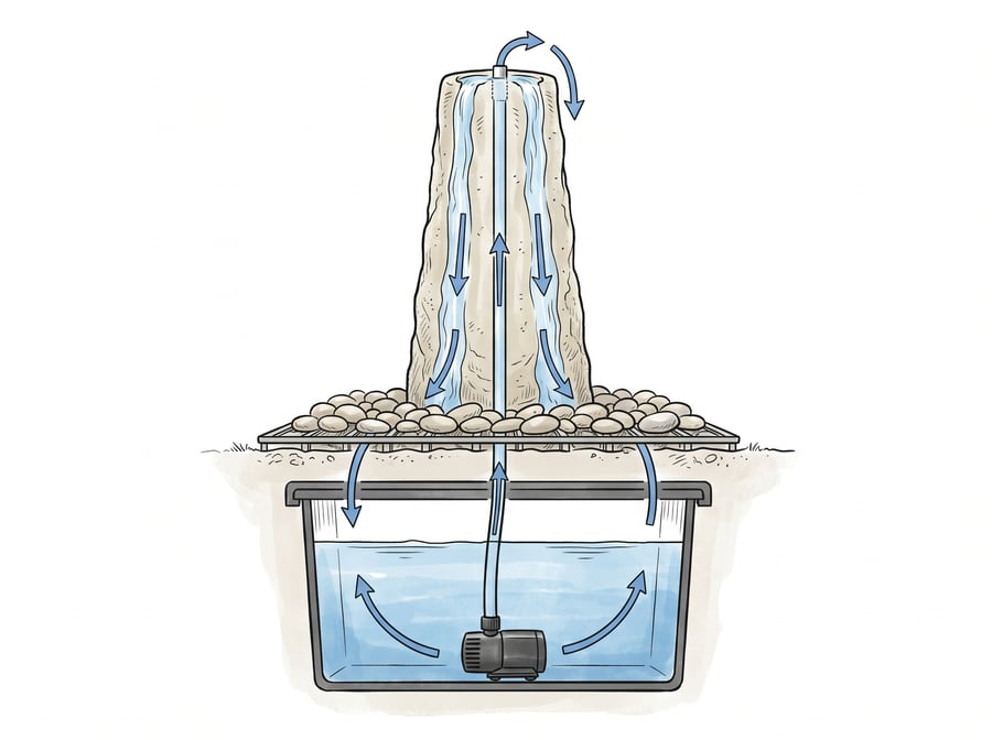 Cutaway diagram of a self-contained water feature showing hidden reservoir, submersible pump, internal hose and water return flow through pebble cover