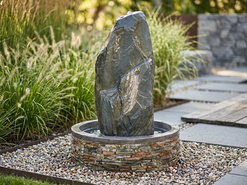 Self-contained slate monolith water feature in a garden, water spilling down into a covered pebble reservoir base