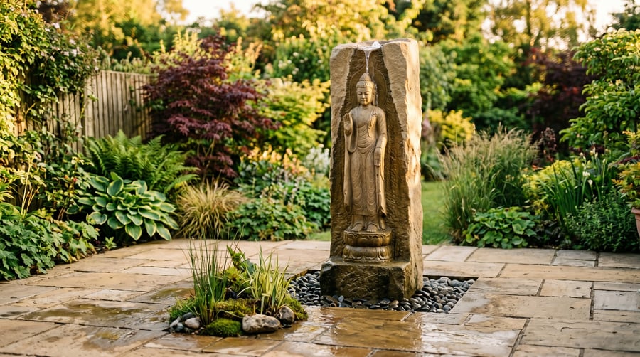 Tall self-contained water feature cascading into a hidden pebble-covered reservoir in a UK patio garden at golden hour