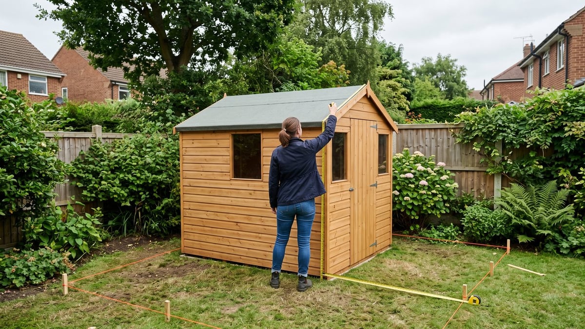 Garden shed footprint, boundary and height being measured for UK planning checks