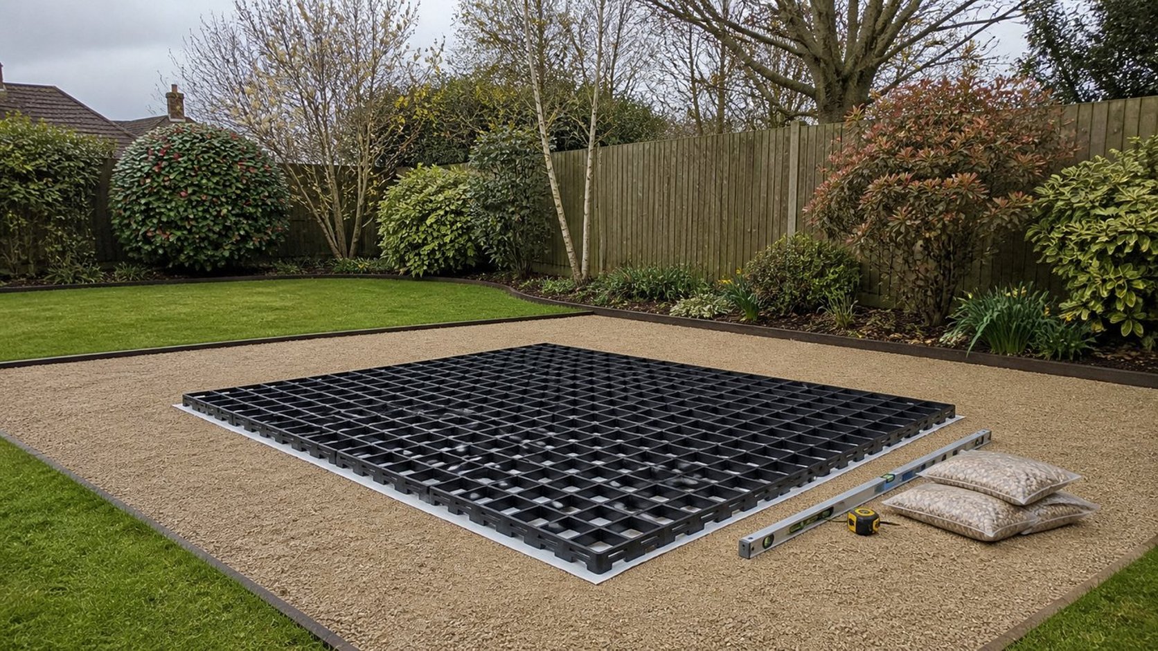 Fastfit 9x13 Garden Building Floor Kit on a prepared garden base