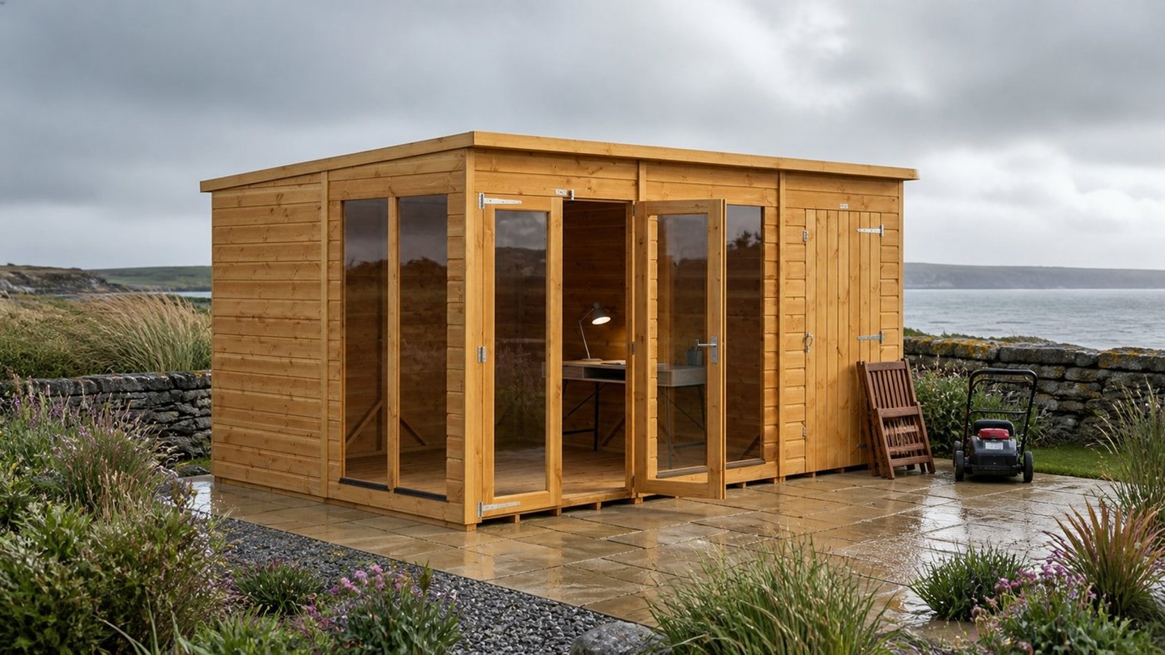 Power 12x8 Pent Summerhouse Combi in a rain-washed coastal garden