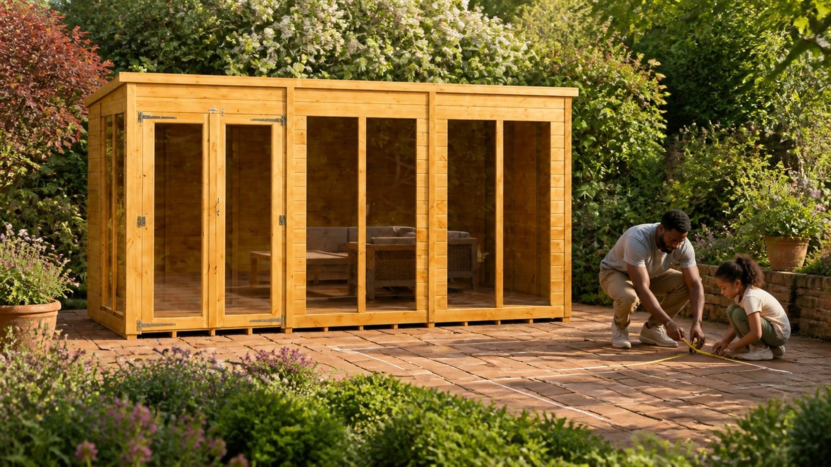 Power 12x6 Pent Summerhouse without a side store in a cottage garden