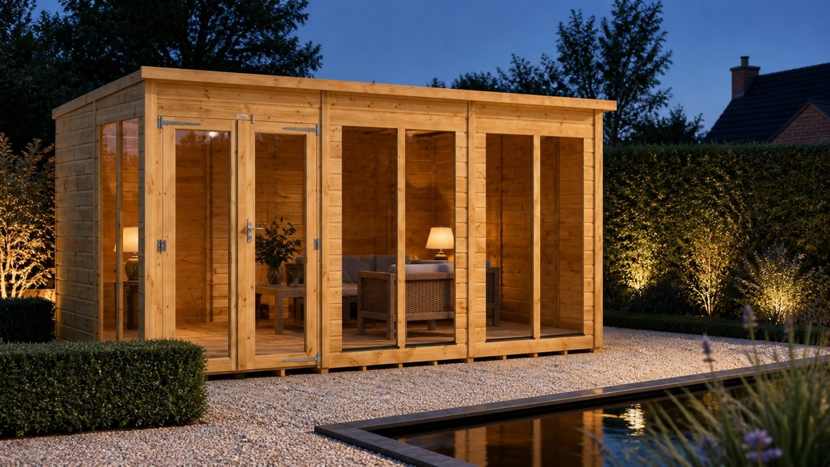 Power 12x8 Pent Summerhouse without storage at blue hour