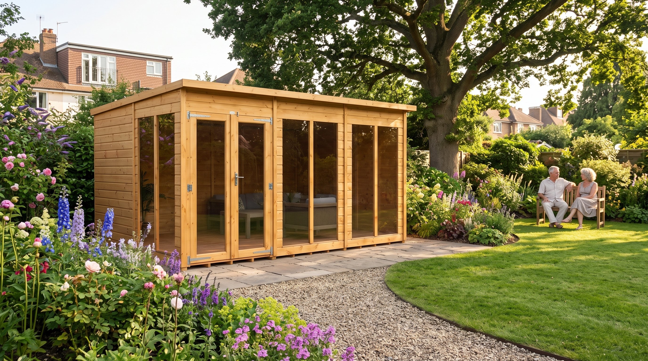 Power 12x8 Pent Summerhouse in a mature family garden