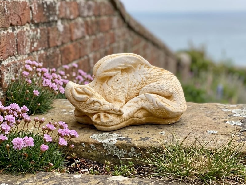 Sandstone sleeping dragon garden ornament curled on a stone coping of a brick coastal wall with sea thrift and the sea behind