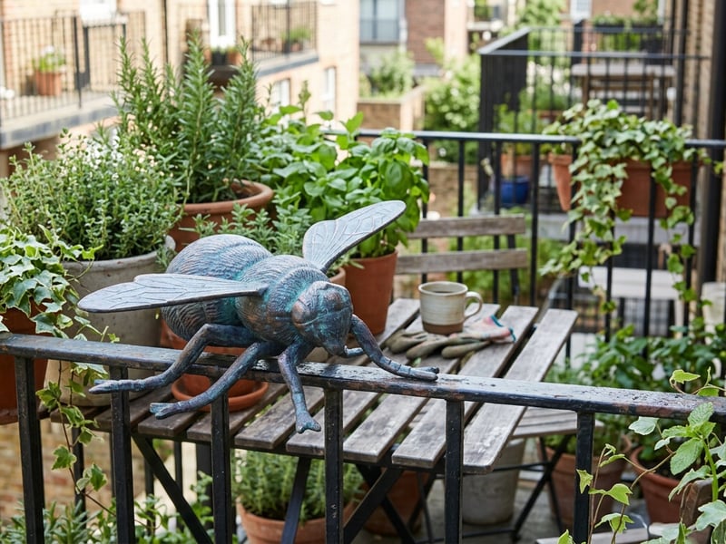 Bumble Bee metal ornament on a UK balcony with potted herbs and trailing ivy