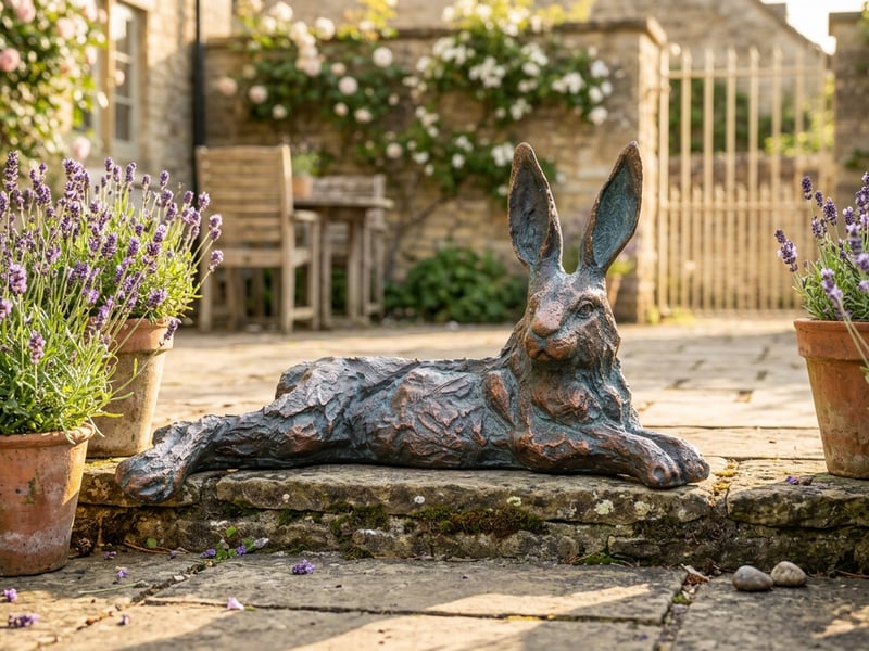 Lazy Hare metal ornament in a sunny UK courtyard garden with stone paving and lavender