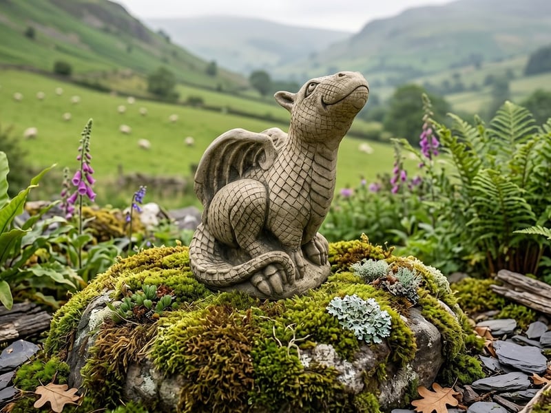 Stone smiling dragon hatchling garden ornament on a mossy rock in a green Welsh valley garden with misty hills and grazing sheep behind