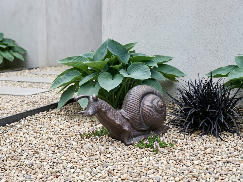Aged bronze giant snail garden ornament on pale gravel among hostas in a minimalist modern courtyard garden