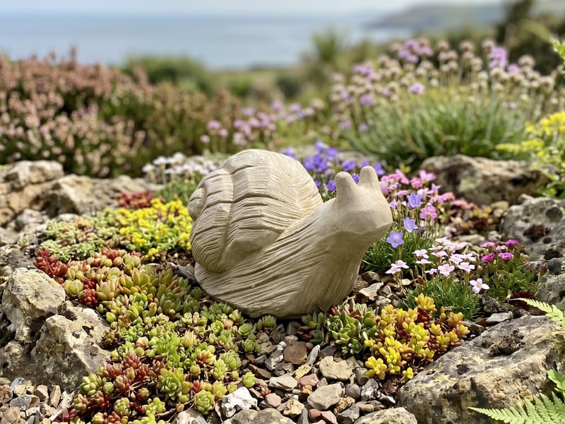 Cast stone sleepy snail garden ornament set among sedums in an alpine rockery beside a coastal Welsh garden