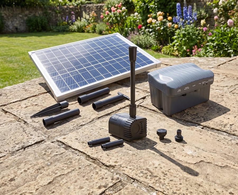 1560 LPH solar garden water feature pump kit with panel on a sunny UK patio, no mains cable needed
