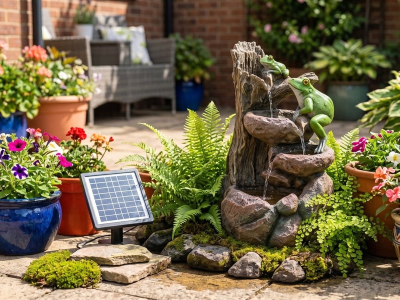 Froggy Falls solar cascade water feature with its solar panel in full sun in a bright suburban patio corner