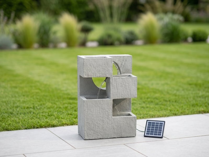 Modern grey cube solar water feature with its solar panel on a patio in a cottage garden, no mains cable